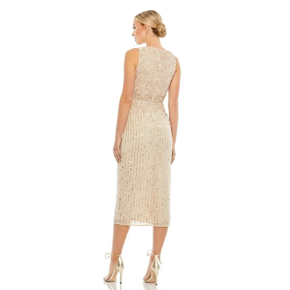 Mac Duggal Sequined Sleeveless V-Neck Midi Sheath Dress Nude 8 #8625 - Picture 4 of 8